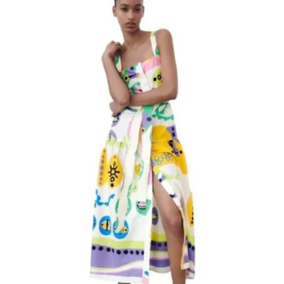 ZARA ABSTRACT COLORFUL PRINTED BUTTON DOWN MIDI DRESS XS - Picture 2 of 12